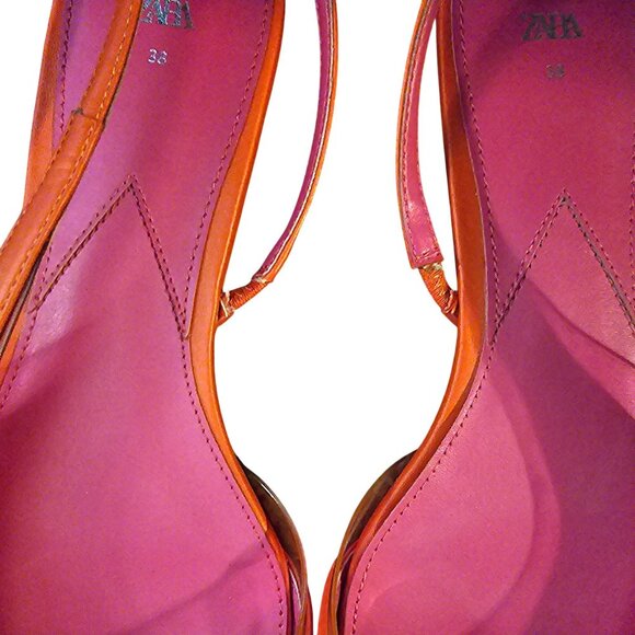 Zara Orange & Pink Pointed Toe Womens Slingback Flats Size 38 - Picture 5 of 8